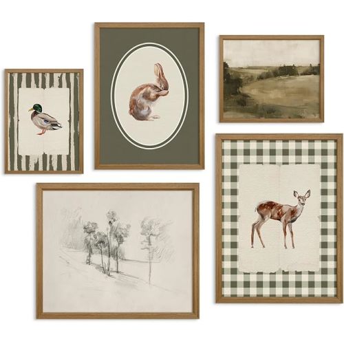 Vintage Nursery Wall Art Kids Canvas Poster Baby Boy Room Wall Decor Green Rabbit Wall Art Bunny Bird Prints Deer Picture Farmhouse Painting Nursery Artwork for Bedroom 8x10 Inch Wood Framed Set of 5