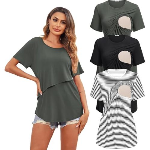 Ekouaer Women's Maternity Shirts Short Sleeves Nursing Tops 3 Pack Double Laye Breastfeeding Tees Pregnancy Clothes S-XXL