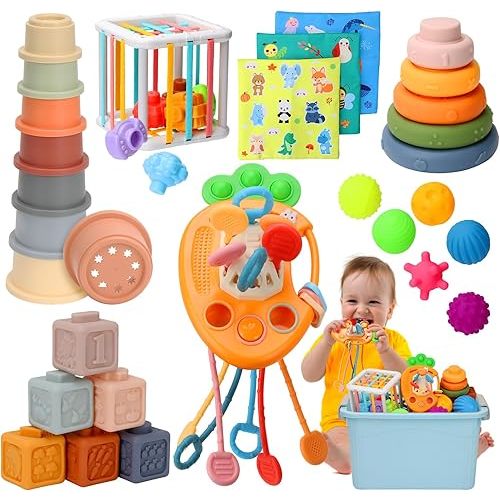 Baby Toys Montessori Toy Sensory Bin Toys Stacking Baby Blocks 7 in-1 Montessori Toy, for 6-9-12-18 Month Old, with Pull String Toy, Stacking Cups, Soft Infant Ring, Sensory Ball, for Toddler Gift