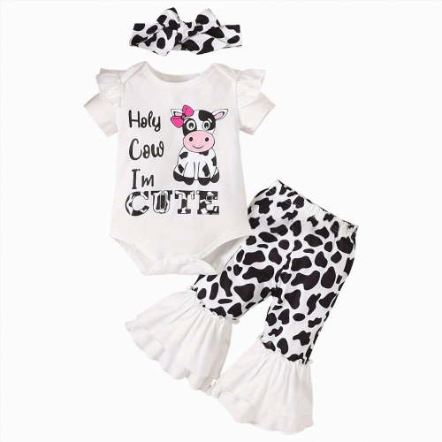 Baby Girl Clothes Outfit Baby Girl Summer Clothes Holy Cow I'm CTUE Outfit Ruffle Ribbed Romper Tops Floral Bell-bottoms Set + Headband Clothing Sets 0 3 6 9 12 18 Months