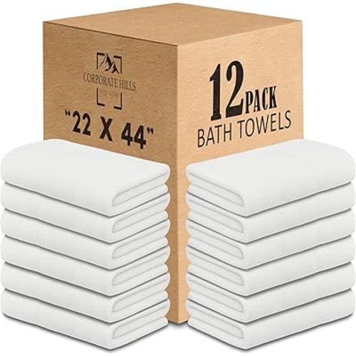 CH White Bath Towels Bulk 12 Pack (22 x 44 Inches) - 100% Cotton Economy Light Weight Towels for Commercial Use - Quick Dry, Ultra-Soft, and Absorbent Bulk Towels