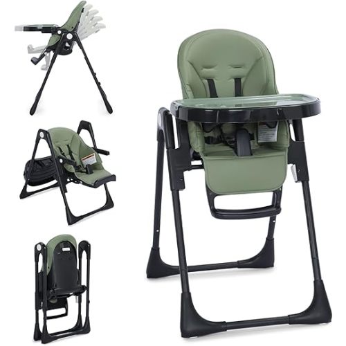 3 in 1 Foldable Baby High Chair, Infant High Chairs for Babies and Toddlers, 6 Height & 5 Recline Adjustable Toddler Feeding Chair, 2 Tray Depth & 3 Footrest Angles, 2 Built-in Wheels, Green