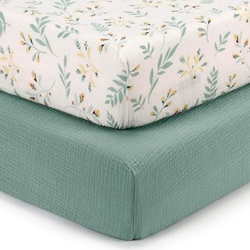 Blissful Diary Muslin Crib Sheets for Girl Boy, Boho Neutral Soft Cotton Baby Sheet for 52''x28'' Standard Crib Mattress, 2 Pack(Roman Green&Leaf)