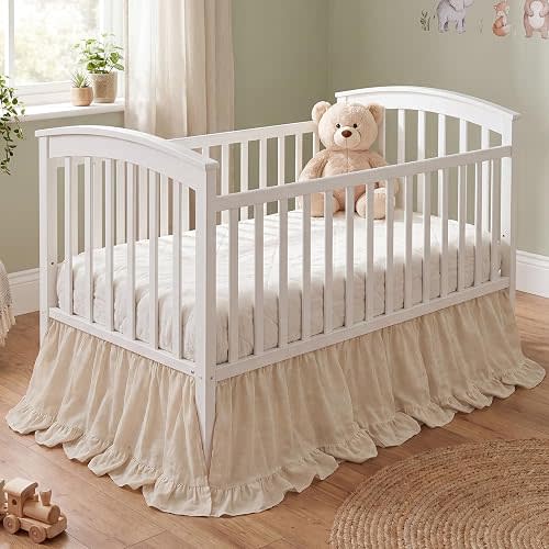 Hahafelt Beige Crib Skirt for Baby Girls & Boys, 28" x 52" with 16" Drop–100% Washed Cotton Dust Ruffle Bed Skirt, Soft Nursery Bedding, Fits Standard Toddler Cribs, Boho Farmhouse Decor