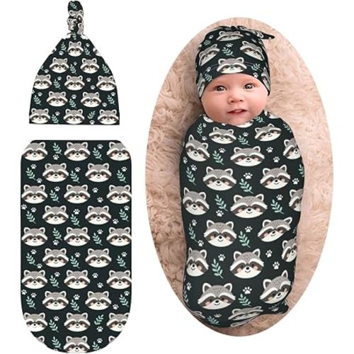 Raccoon Cartoon Baby Stuff Newborn Baby Swaddle Blanket Swaddling Blanket with Beanie Set Soft for Unisex Girls Boys