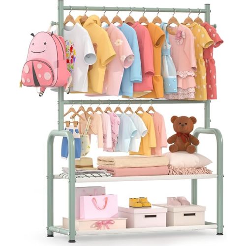 Kids Clothing Rack with 2-Layer Storage Shelf and 2 Adjustable Hanging Rods, Dress Up Rack for Hanging Clothes,Dress up Storage for Baby Toddle Kids(Classic, Green)