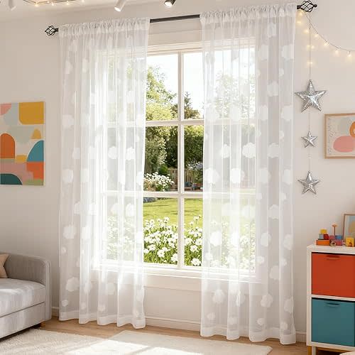 White 3D Cloud Sheer Curtains for Girls Bedroom Light Filtering Drape Cute Embossed Cloud Pom Pom Curtains Farmhouse Rod Pocket Elegant Embroidered Translucent Voile Window Treatment 1 Panel 52Wx84L