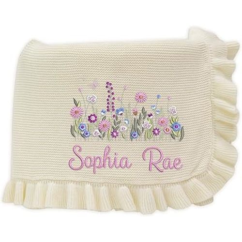Wildflower Nursery Quilt Blanket with Ruffle Edge – Custom Embroidered Floral Name Blanket, Personalized Newborn Gift for Girls, Soft Keepsake for Baby Shower