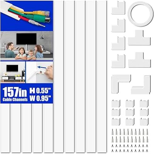 Delamu Cord Hider, 157in Cord Cover Wall, Premium Cord Covers for Wires on Wall, Cable Concealer Hider Kit for Hiding Wires in Home and Office Cable Management, 10X L15.7in X W0.95in X H0.55in, White