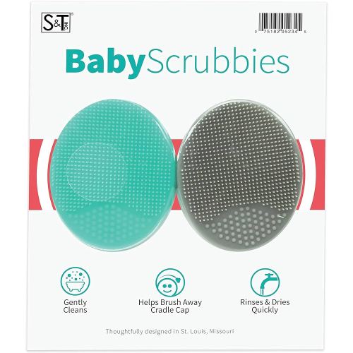 S&T INC. Exfoliating and Massaging Cradle Cap Bath Brushes for Baby, Silicone - 2 Inch x 2.5 Inch, Grey and Teal, 2 Pack