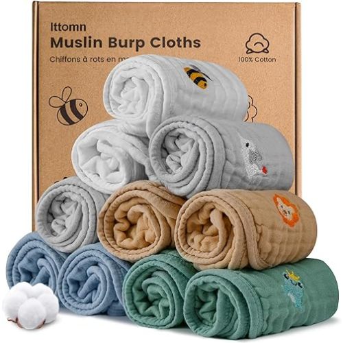 Muslin Burp Cloths 10 Pack,100% Cotton Burp Cloths Baby Boy, Newborn Essential Must-Have Organic Burping Cloths, 6 Layers Cotton Soft Washcloths, Multi-Colors Face Towels 20"x11"Large (Boys)