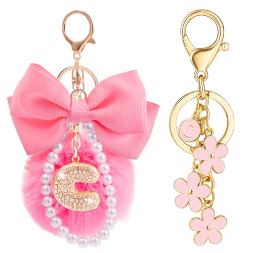 YOU WIZV Initial Letter Keychain for Women Girls Cute Bow Flower Puff Ball Pom Purse Bag Chains for Handbags Backpack