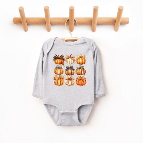 The Juniper Shop Coquette Fall Pumpkin Chart Baby Long Sleeve Bodysuit, Color: Heather grey, Size: newborn