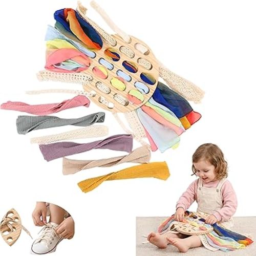 Eray Montessori Wooden Lacing Board for Toddlers 3+, Open-Ended Weaving Board with Play Silks, Threading & Lacing Toy, Fine Motor Skills, Loose Parts Play, Preschool Learning Gift