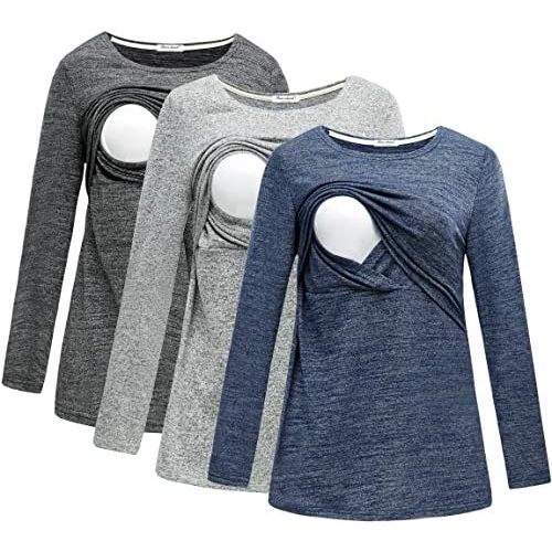 Bearsland Women's 3 Packs Maternity Clothes Long Sleeves Breastfeeding Shirts Nursing Top