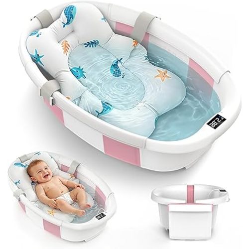 Collapsible Baby Bathtub for Newborn to Toddlers 0-36 Months, Large Baby Tub with Thermometer & Cushion, Easy Setup Foldable Travel Infant Bathtub, Newborn Babies Boy Girl Bath Tubs Pink