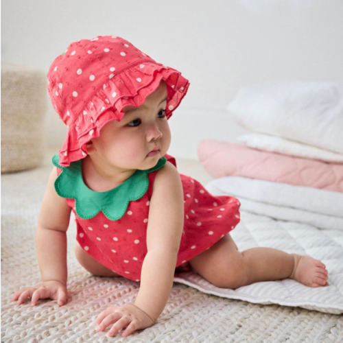 Buy Red Strawberry Printed Woven Baby Romper and Hat Set from Next USA