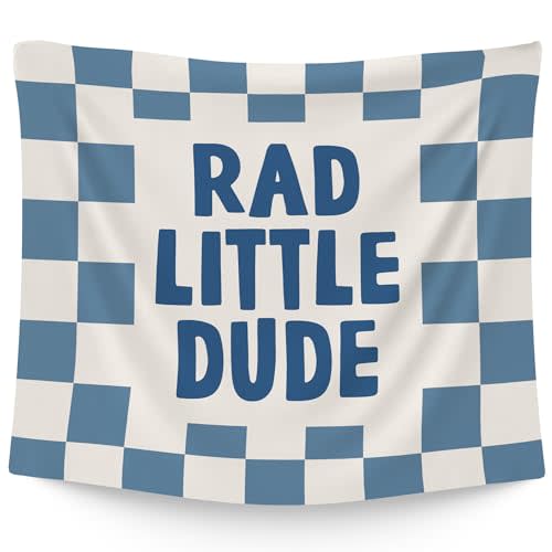 WAITPI Rad Little Dude Hanging Wall Tapestry Banner for Boys Kids Bedroom, Blue Checkered Wall Hanging Room Decor Tapestries Banner for Toddler Room Dorm Playroom Nursery Classroom 50x60 in