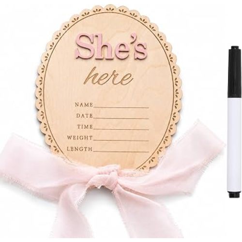 Baby Announcement Sign with Pen, She's Here Wooden Newborn Girl Sign