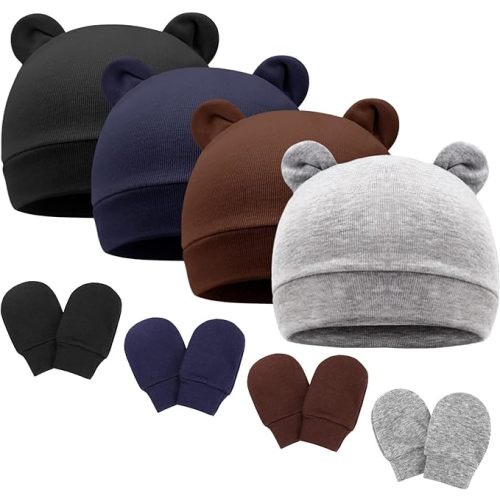 DRESHOW BQUBO Newborn Baby Bear Ears Hats and Mittens Sets Preemie Cotton Caps Baby Boy Girl Infant Hospital Beanie