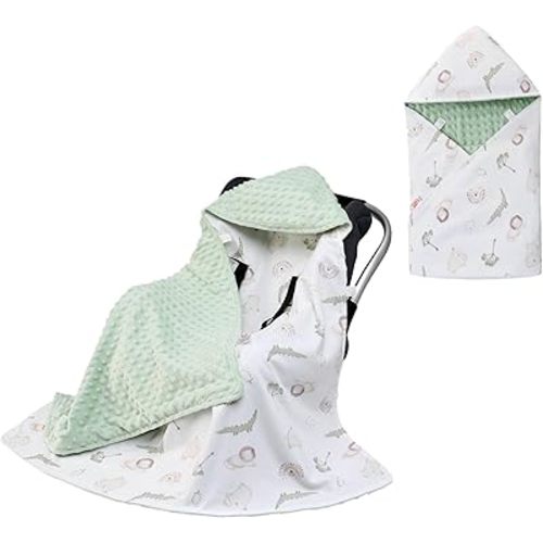 Baby Car Seat Blanket-Universal Car Seat Covers,Warm Swaddle Blankets for Infants Newborn,Boys and Girls Baby Bunting for Stroller,35"x35"(Green Animals)