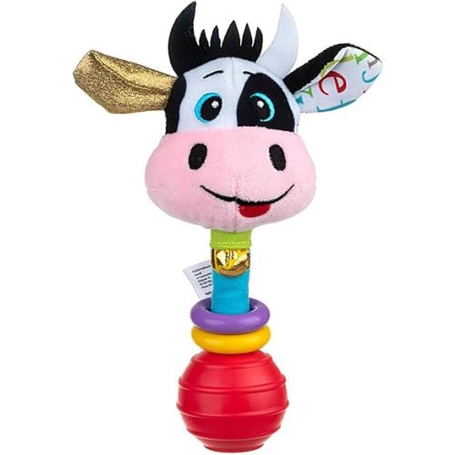 Balibazoo Clara The Cow Plush Baby Rattle & Teething Stick - Newborn Rattle Toy for 0-18 Month Babies | Soft Stuffed Cow with Bell, Easy-Grip Handle | Sensory Developmental Infant Rattle