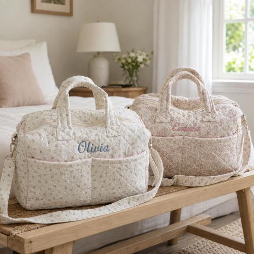 Personalized Quilted Diaper Bag, Floral Mommy Weekender, Custom Embroidered Name Hospital Travel Bag, New Mom Baby Shower Gift