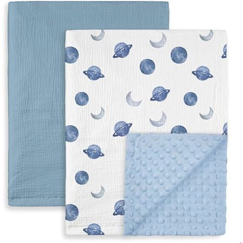 GLLQUEN BABY Blankets for Unisex Boys Girls, 2-Pack Muslin Cotton Front Soft and Breathable, and Dotted Fleece Backing, Printed Bed Nursery Minky Blankets for Toddler Newborn, Space, 30 x 40 inches