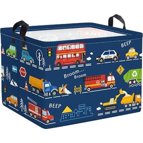 Cars Laundry Hamper Cartoon Vehicle Large Storage Basket Collapsible Parents Organizer Boy Toy Clothes Bins for Bedroom, Bathroom, City Bus, 36L