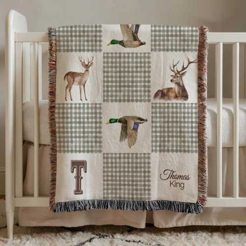 Personalized Hunting Baby Blanket Custom Name Deer and Duck Nursery Blanket Woodland Baby Boy Gift Rustic Cabin Decor Throw baby boy or girl