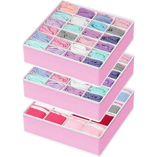 Simple Houseware Sock Drawer Organizer for Dresser/Closet/Bedroom, 3 Pack, Pink