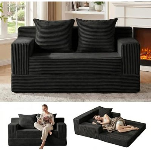 Erament Loveseat Boneless Convertible Sofa Bed, Folding Floor Futon Sleeper Sofa Couch Bed- Boneless Foldable Couch, Corduroy Pull Out Sofa Bed with 2 Pillows for Living Room & Bedroom