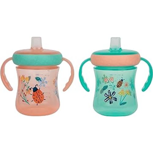 The First Years - Soft Spout Sippy Cup - Toddler Trainer Cup for 6+ Months -With Handles and Leak Proof Lid - 7 Oz - Floral Ladybug Print - 2 Count