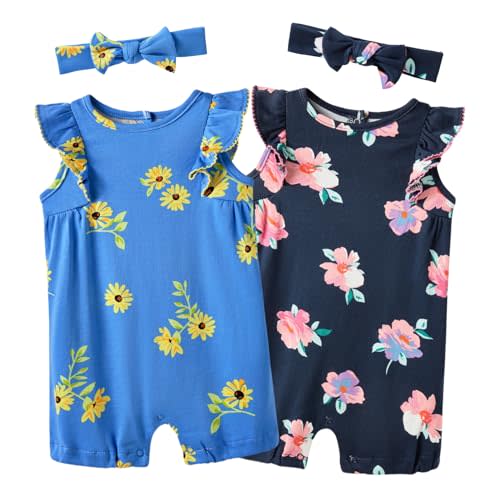 Minicoco Baby Girls Ruffled Sleeve Rompers Toddler Girls Jumpsuits One-Piece Cotton Outfits