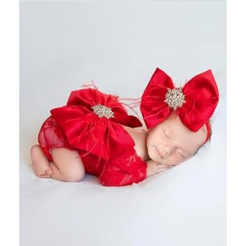 Ylsteed Newborn photography Outfits Girl Newborn Photography Props Baby Lace Rompers with Handmade Bow Headband Newborn Infant Photo shoot Outfits Girls Photo Props - Red