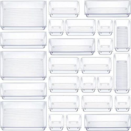 25 Pcs Drawer Organizer Set Dresser Desk Drawer Dividers - 4 Size Bathroom Vanity Cosmetic Makeup Trays - Multipurpose Clear Plastic Storage Bins for Jewelries, Kitchen Gadgets and Office Accessories