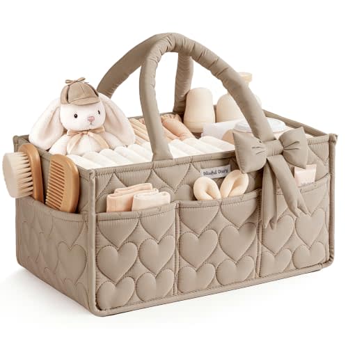 Blissful Diary Baby Diaper Caddy Organizer, Heart-Quilted, Brown | Portable Storage Basket with Removable Dividers, Gift for Baby Shower, Newborn Boy & Girl Essentials, Baby Registry Must Have