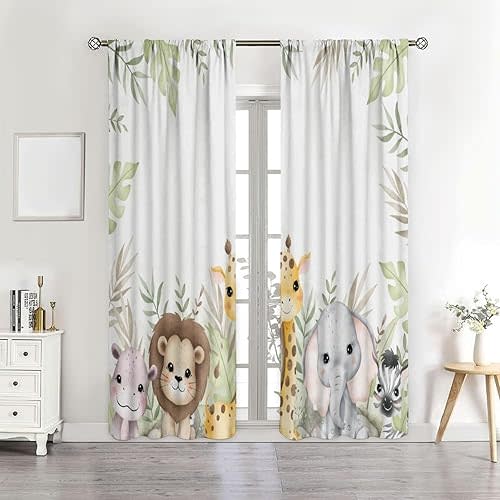 Jungle Safari Curtains for Nursery, Kids Room, Classroom - Hippo and Animal Cub Design - W42xL63 Inch