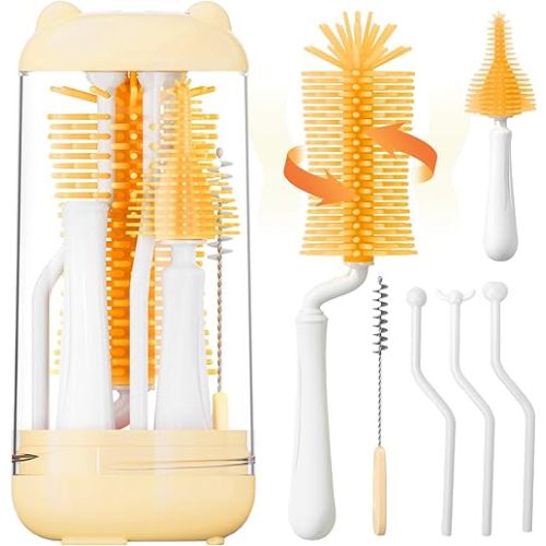Baby Bottle Brush Set,Travel Bottle Cleaner kit with UV Light,Silicone Bottle Brush,Nipple Brush,Straw Cleaner,Drying Rack,Baby Bottle Brushes for Cleaning,Baby Essentials for Home and Travel