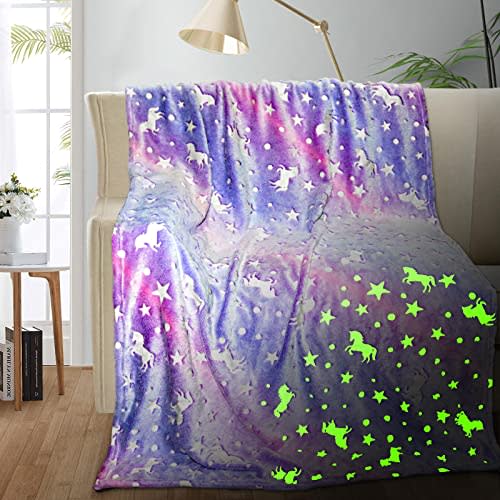Unicorn Glow in The Dark Blanket for Girls/Kids Age 3-12, Soft Fleece Throw - 40"x60"