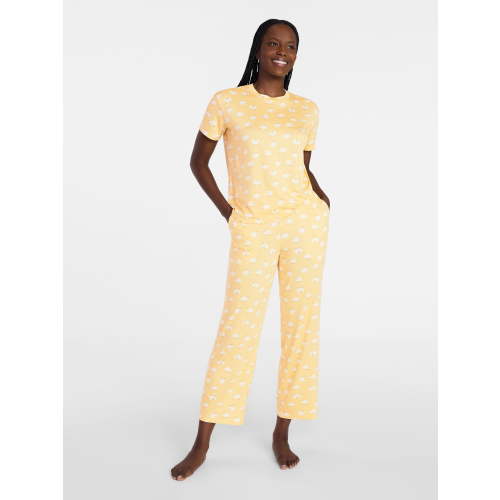 Joyspun Women's Dreamy Soft Collection Short Sleeve Sleep Top and Open Leg Pants Pajama Set, 2-Piece, Sizes XS-3X