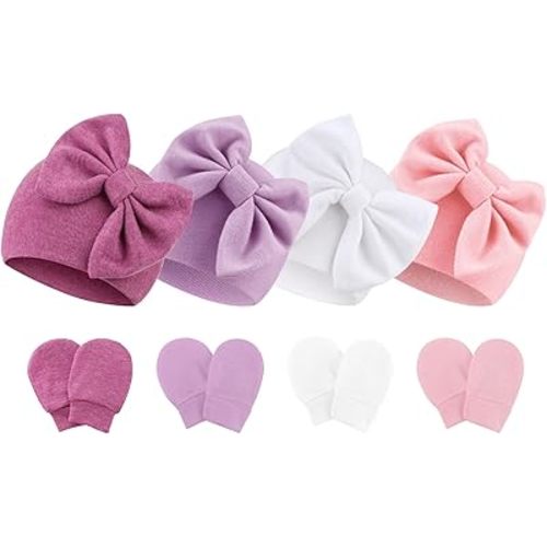 Newborn Baby Hats and Mittens Set Infant Bow Beanie Cap Toddler Gloves Newborn Hospital Hats for Baby Boy Girl 0-6 Months