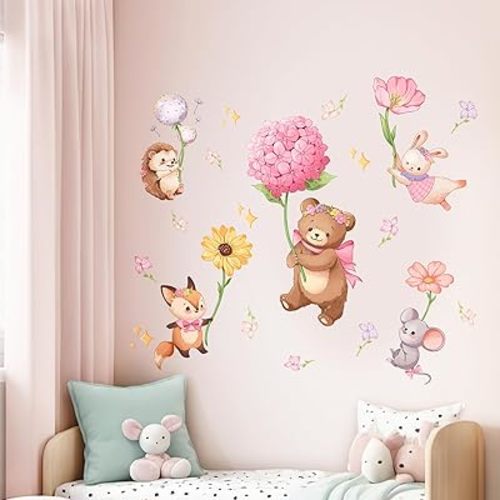 Pink Cartoon Animal Wall Decals, Bear Squirrel Rabbit Holding Flowers Flying Wall Stickers Peel and Stick Wall Decal Self Adhesive Wall Art Sticker for Girls Baby Nursery Kids Room Home Decor