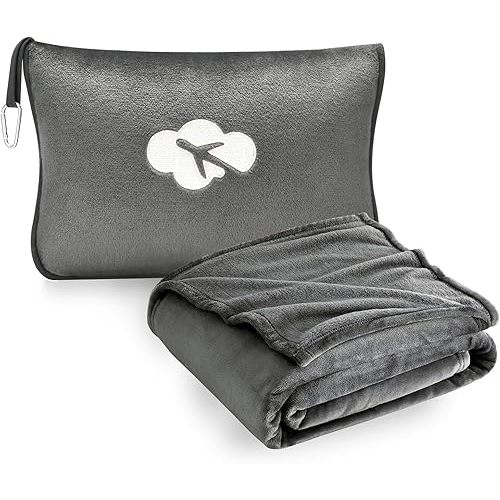 Travel Blanket and Pillow Compact, Premium Soft 2 in 1 Airplane Blanket with Soft Bag Pillowcase,Hand Luggage Sleeve and Backpack Clip (Solid Grey)