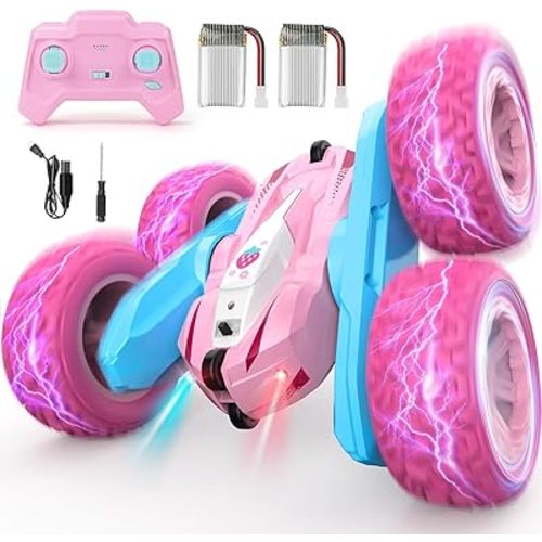 Remote Control Car, Pink RC Cars for Girls, Rechargeable RC Truck, 2.4Ghz Double Sided 360° Rotating Stunt Car Toy with Headlights, Birthday Gift for Kids Age 3+