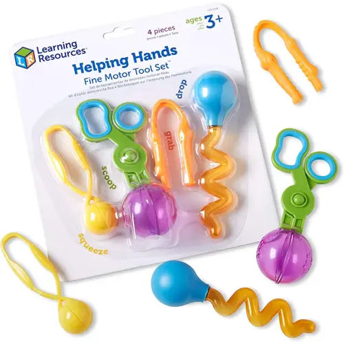 Learning Resources Helping Hands Fine Motor Tool Set Toy - 4 Pieces, Ages 3+ Fine Motor and Sensory Play Toys, Toddler Tweezers, Sensory Bin Toys