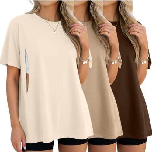 3 Pack Women's Oversize Nursing Breastfeeding Shirts Hidden Zipper Short Sleeve Loose Fit Maternity Tops