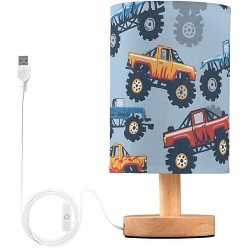 Bedside Table Lamp Monster Truck Cars Pattern Table Lamp for Bedroom Nightstand Lamp with USB Port LED Desk Lamp Shade Living Room Dorm Office