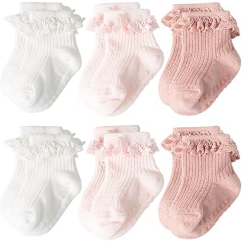 AQOKKA Baby Girl Ruffle Socks Soft Eyelet Lace Frilly Dress Toddler Socks | 6 Pairs Soft Frilly Lace Ankle Baby Socks with Non-Slip Grip Cotton Infant Newborn Stretchy Blend Socks for Girl 0-5T