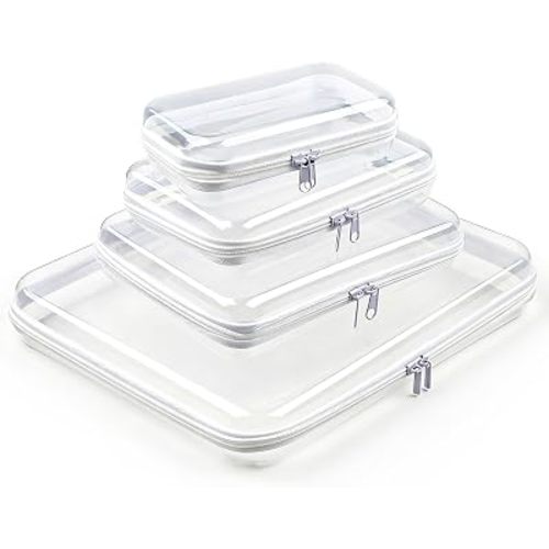 Clear Zipper Pouches, 4 Pcs Hard Shell Zipper Case, Toiletry Bag for Travel, Cosmetic Bag, Pencil Case Storage Organizer Bins (XL+L+M+S)